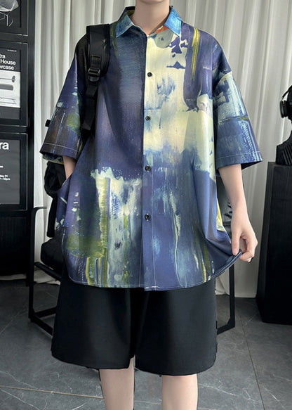 Cool White Peter Pan Collar Tie Dye Ice Silk Shirt Summer