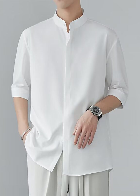 Cool White Stand Collar Ice Silk Shirts Half Sleeve