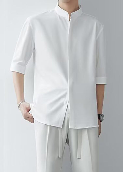 Cool White Stand Collar Ice Silk Shirts Half Sleeve