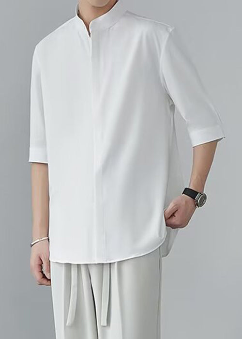 Cool White Stand Collar Ice Silk Shirts Half Sleeve
