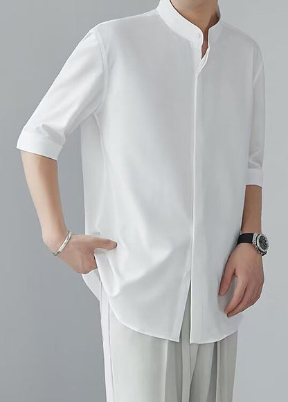 Cool White Stand Collar Ice Silk Shirts Half Sleeve