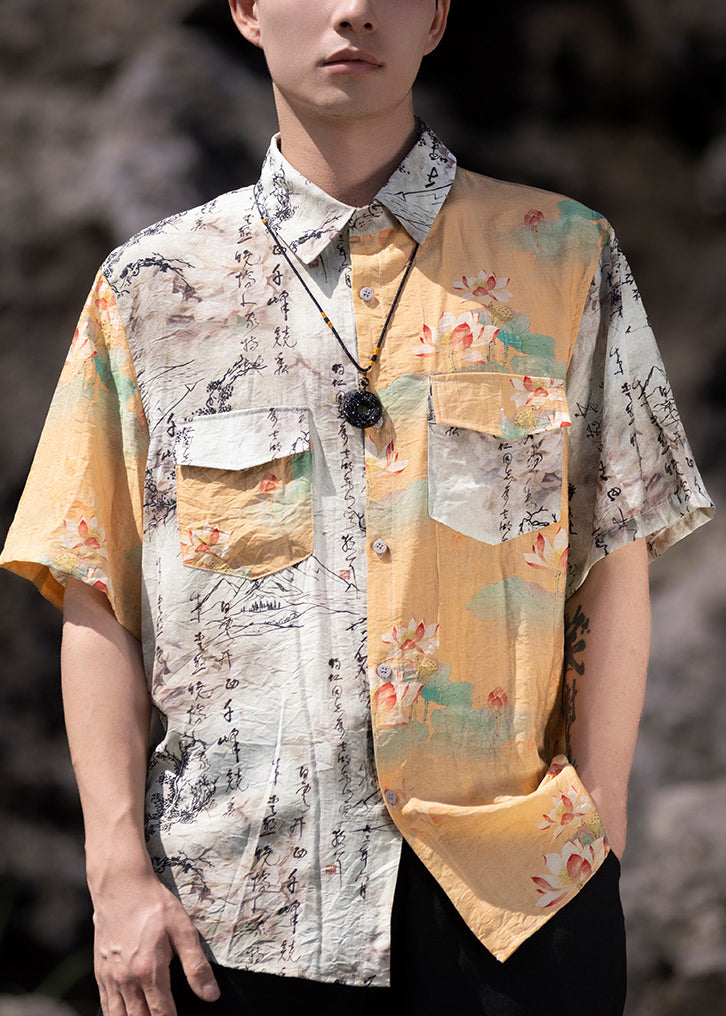 Cool Yellow Peter Pan Collar Print Cotton Shirts Summer