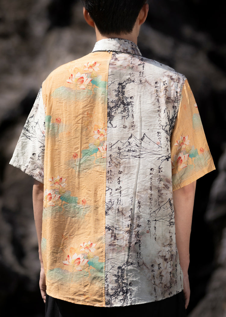 Cool Yellow Peter Pan Collar Print Cotton Shirts Summer