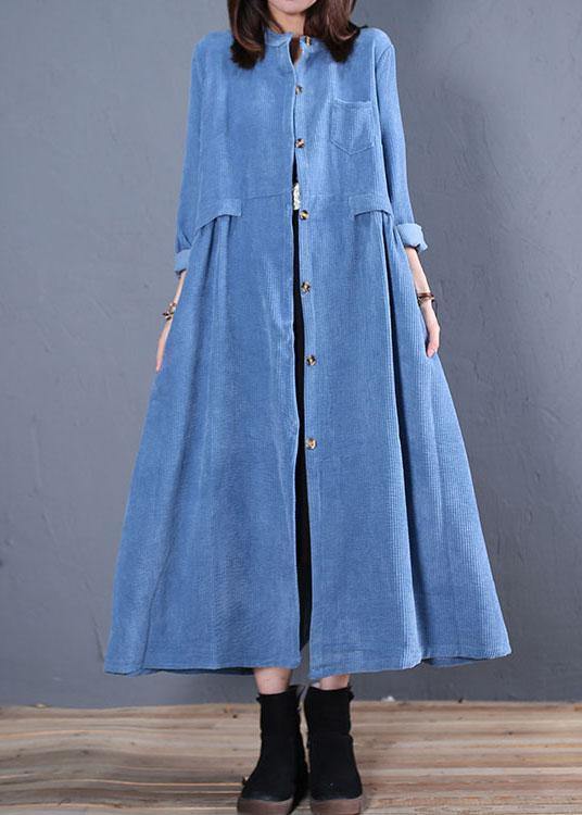 Corduroy Blended Light Blue O Neck Pockets Coat for Woman