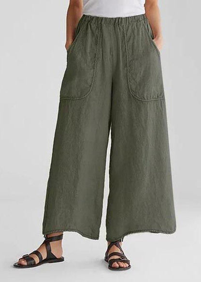 Tea Green-flower Cotton Linen Loose Wide Leg Pants