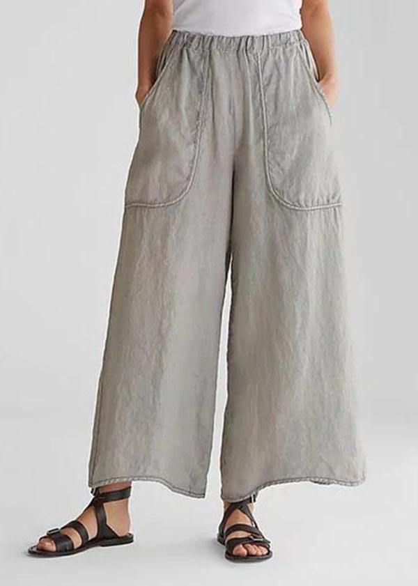 Tea Green-dandelion Cotton Linen Loose Wide Leg Pants