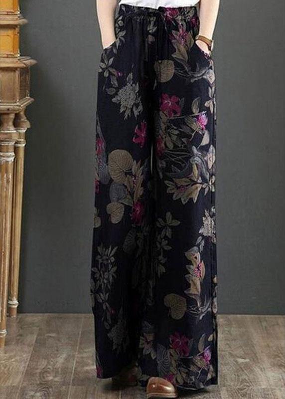 Cotton Palnt Print Pocket Drawstring Elastic Waist Retro Wide Leg Pants