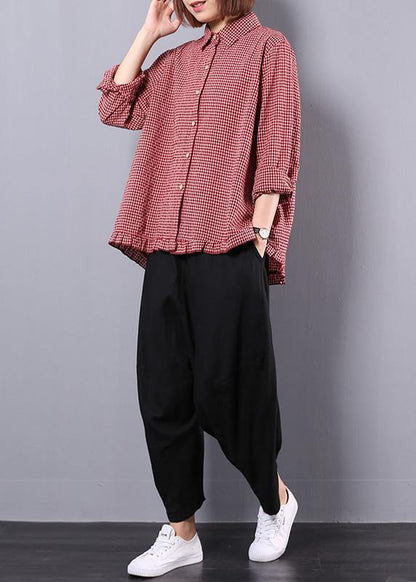 Cotton and Linen Red Plaid Shirt Suit Female Long-sleeved New Large Size Loose Harem Pants Two-piece Suit
