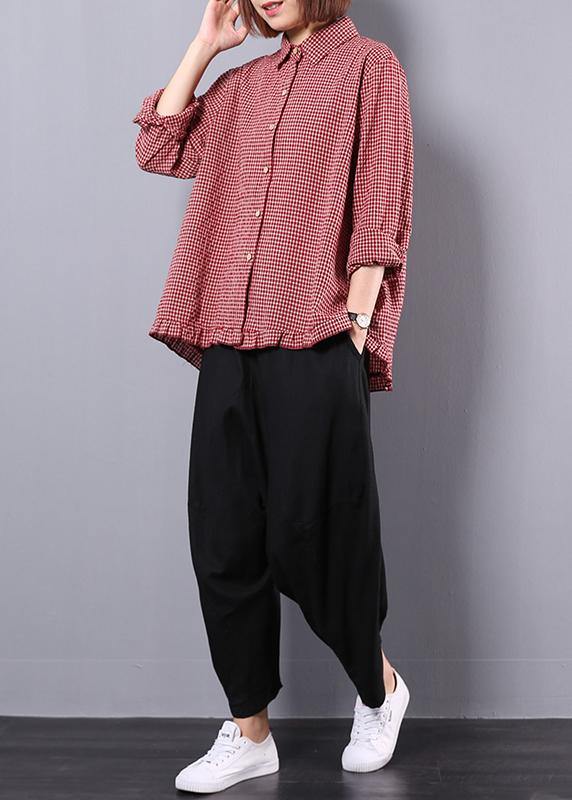 Cotton and Linen Red Plaid Shirt Suit Female Long-sleeved New Large Size Loose Harem Pants Two-piece Suit