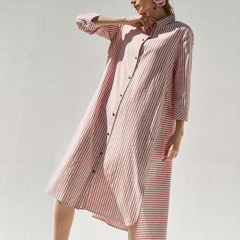 Cotton Blended Clothes Polo Collar Pink Shirt Dress