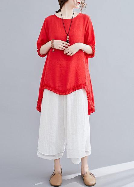 Cotton Linen Red Two-piece Fungus Stitching Round Neck T-shirt Split Seven-point Wide-leg Pants Suit