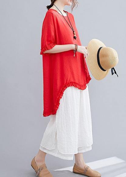 Cotton Linen Red Two-piece Fungus Stitching Round Neck T-shirt Split Seven-point Wide-leg Pants Suit