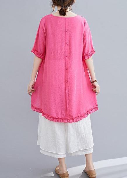 Cotton Linen Red Two-piece Fungus Stitching Round Neck T-shirt Split Seven-point Wide-leg Pants Suit