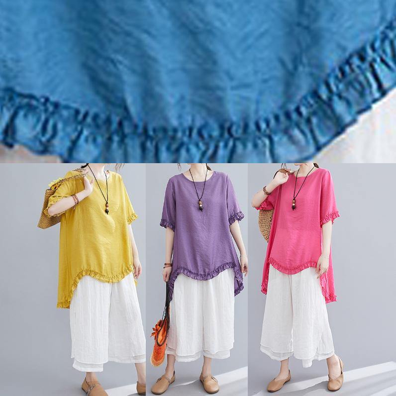 Cotton Linen Red Two-piece Fungus Stitching Round Neck T-shirt Split Seven-point Wide-leg Pants Suit