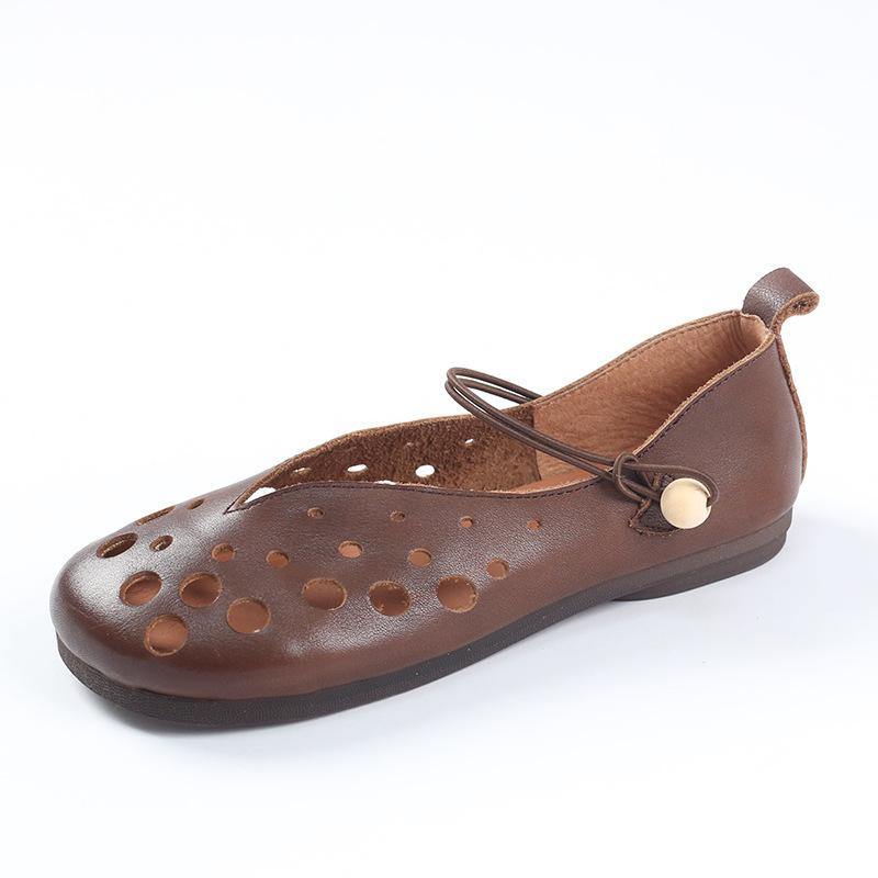 Cowhide Chocolate Leather Flat Shoes for Hollow Out Flat Shoes