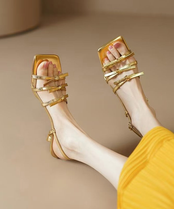 Cowhide Leather Bow Splicing French Gold Sandals Peep Toe
