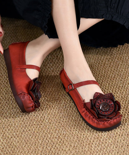 Cowhide Leather Flat Shoes for Red Splicing Buckle Strap