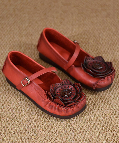 Cowhide Leather Flat Shoes for Red Splicing Buckle Strap