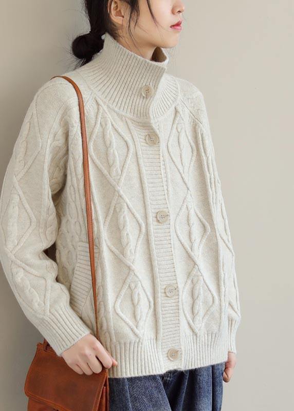 Cozy Beige Sweaters Stand Collar Pockets Spring Knit Sweat Tops