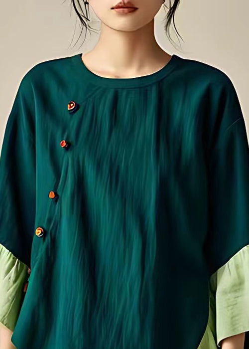 Cozy Green O Neck Button Patchwork Linen Tops Fall