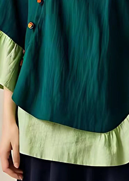 Cozy Green O Neck Button Patchwork Linen Tops Fall