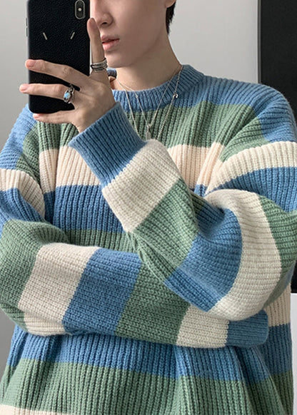 Cozy Green O Neck Striped Knit Sweater Fall