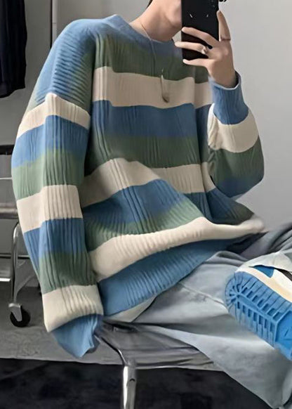 Cozy Green O Neck Striped Knit Sweater Fall
