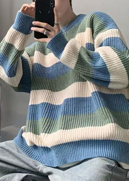 Cozy Green O Neck Striped Knit Sweater Fall