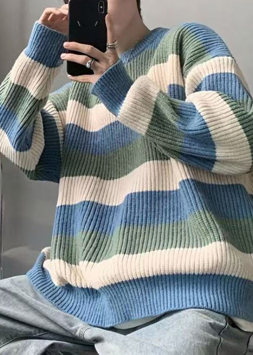 Cozy Green O Neck Striped Knit Sweater Fall