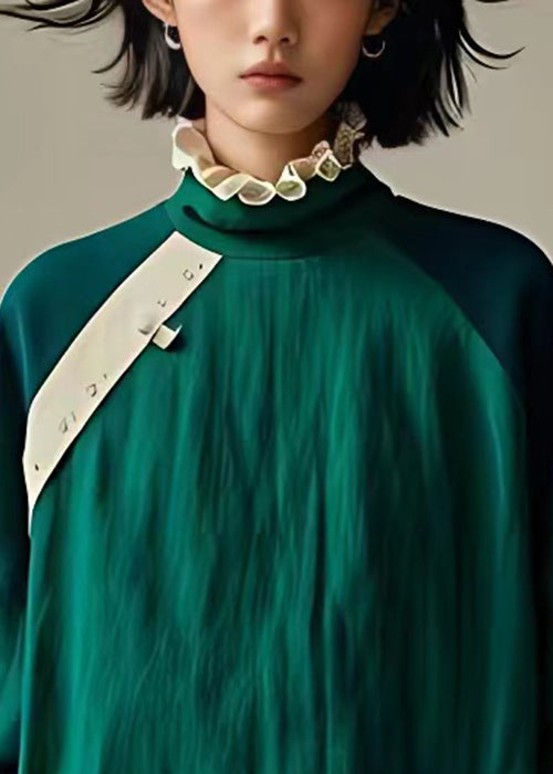 Cozy Green Ruffled Patchwork Cotton Shirt Long Sleeve