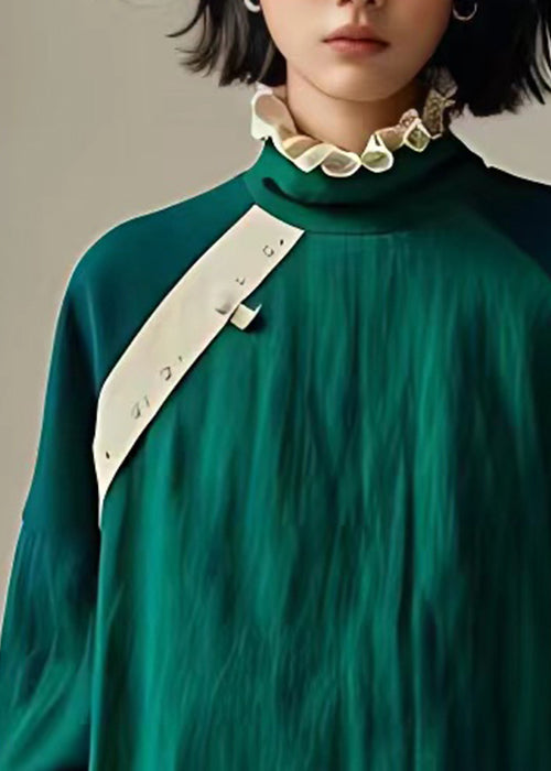 Cozy Green Ruffled Patchwork Cotton Shirt Long Sleeve