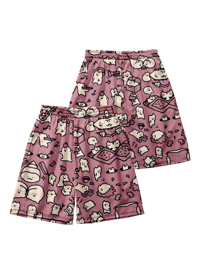 Cozy Pink Print Elastic Waist Cotton Beach Shorts Summer