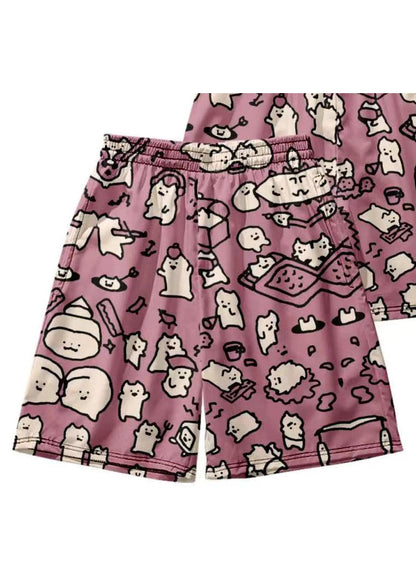 Cozy Pink Print Elastic Waist Cotton Beach Shorts Summer