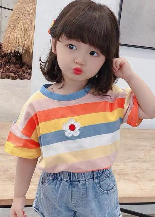 Cozy Rainbow Striped O Neck Cotton T Shirt Summer