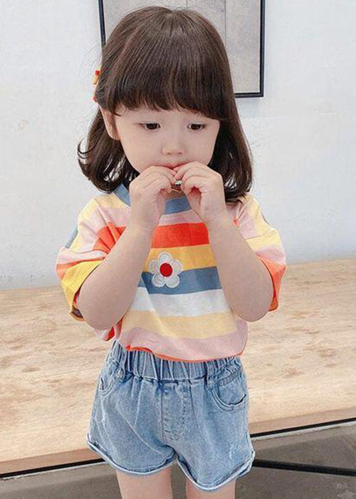 Cozy Rainbow Striped O Neck Cotton T Shirt Summer