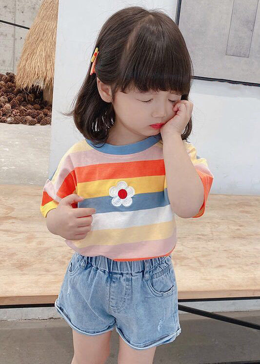 Cozy Rainbow Striped O Neck Cotton T Shirt Summer