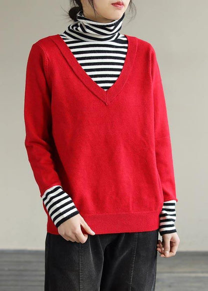 Cozy Spring Red Sweaters Patchwork High Neck Blouse