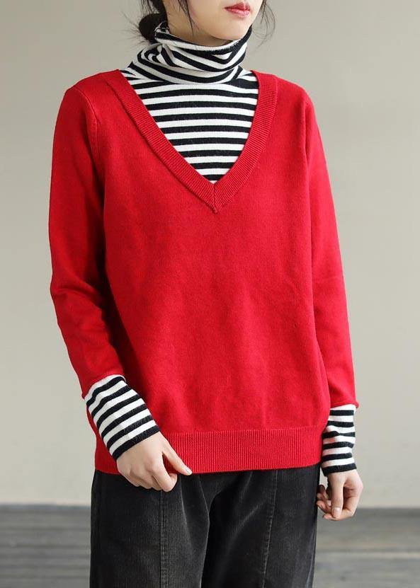 Cozy Spring Red Sweaters Patchwork High Neck Blouse
