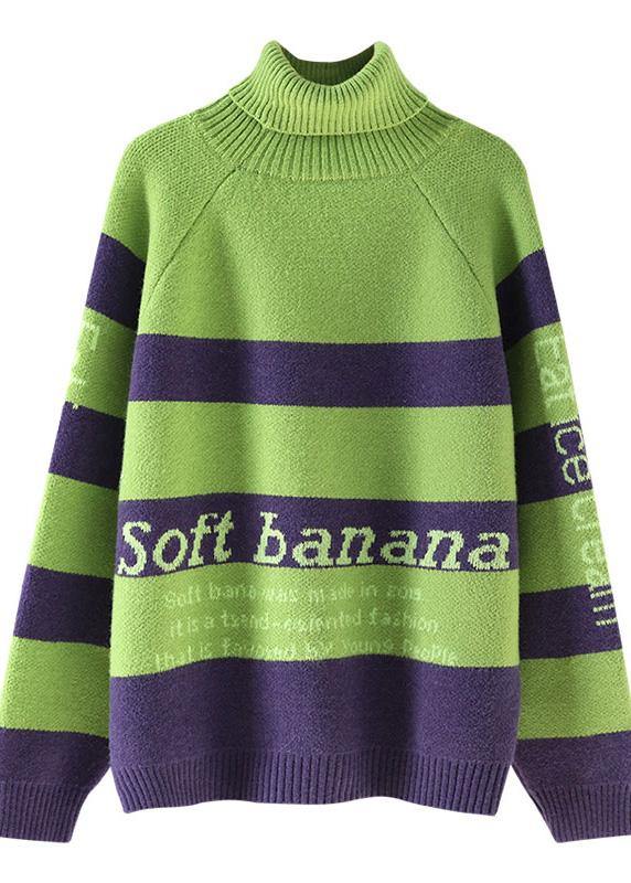 Cozy Alphabet Green Knitwear Loose Fitting High Neck Knitted T Shirt