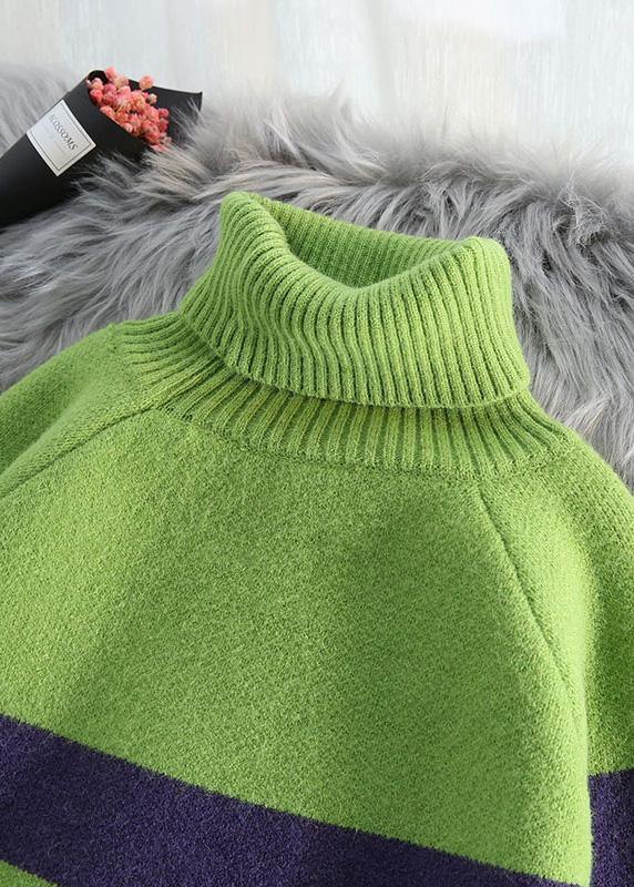 Cozy Alphabet Green Knitwear Loose Fitting High Neck Knitted T Shirt