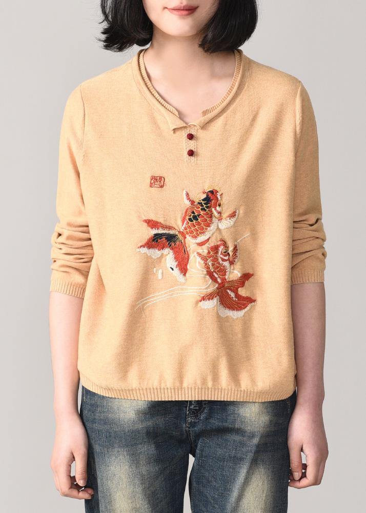 Cozy Animal Embroidery Sweater Loose Fitting Nude Wiled Knit Sweat Tops O Neck
