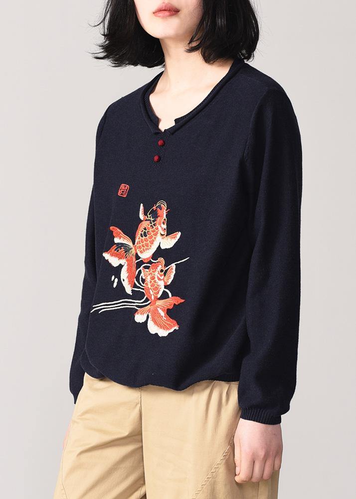 Cozy Animal Embroidery Sweater Loose Fitting Nude Wiled Knit Sweat Tops O Neck