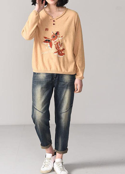 Cozy Animal Embroidery Sweater Loose Fitting Nude Wiled Knit Sweat Tops O Neck