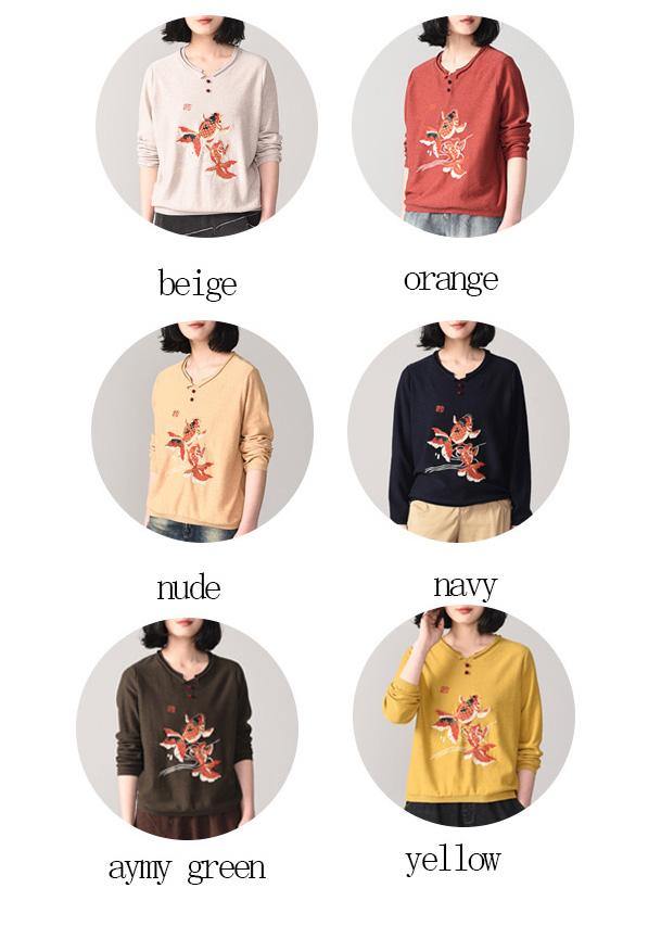 Cozy Animal Embroidery Sweater Loose Fitting Nude Wiled Knit Sweat Tops O Neck