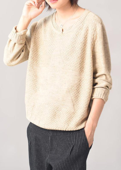 Cozy Beige Knit Tops Long Sleeve Sweater Patchwork