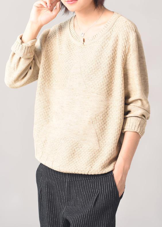Cozy Beige Knit Tops Long Sleeve Sweater Patchwork