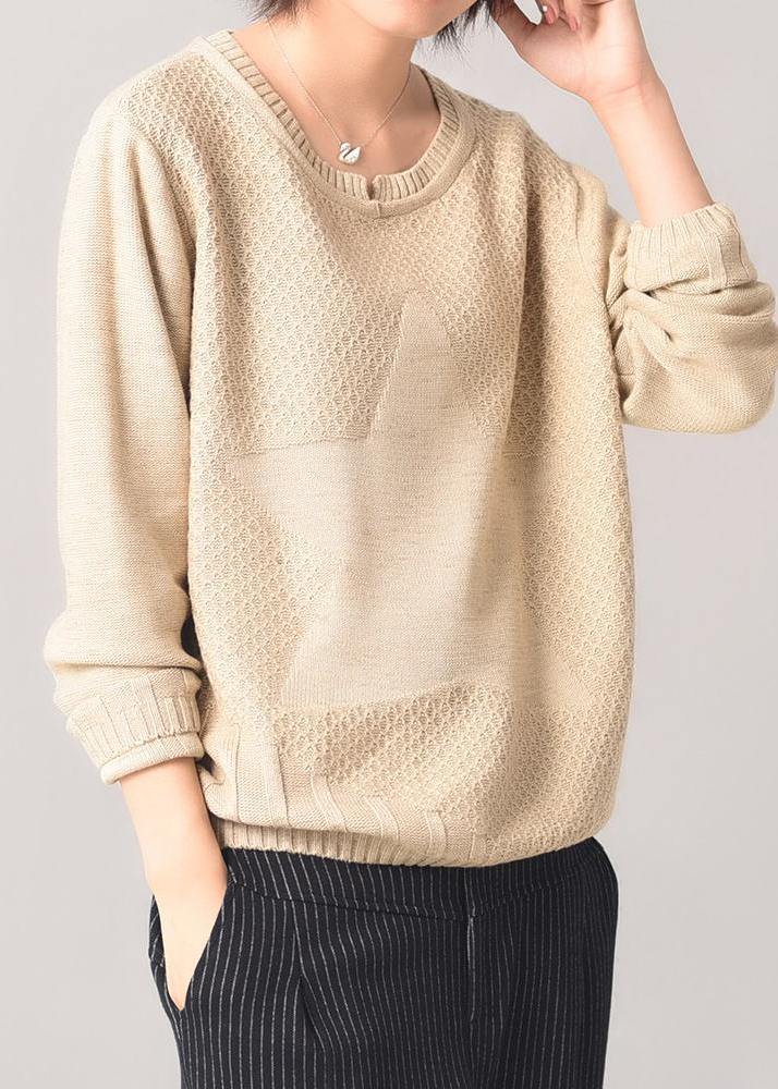 Cozy Beige Knit Tops Long Sleeve Sweater Patchwork