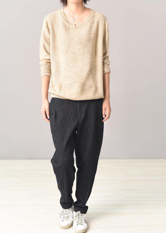 Cozy Beige Knit Tops Long Sleeve Sweater Patchwork
