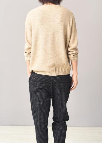 Cozy Beige Knit Tops Long Sleeve Sweater Patchwork