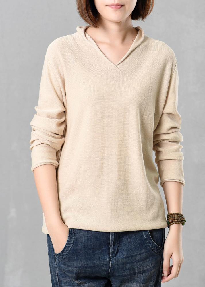 Cozy Beige Sweater Autumn Knitted V Neck